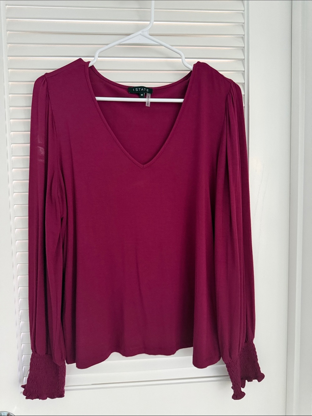 1. State Long Sleeve V-Neck Blouse in Berry Plum